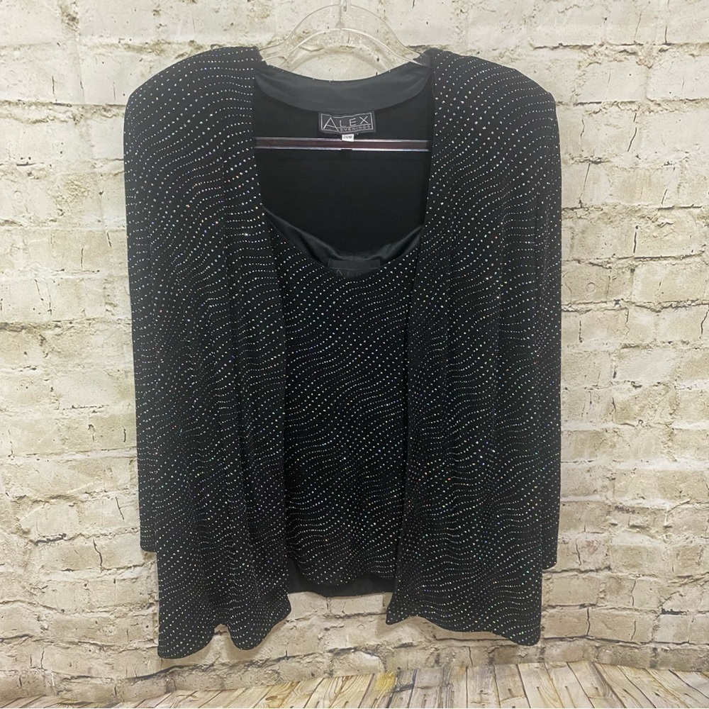 2 Piece Alex Evenings Black Sparkle Open Front Jacket Tank Top Party Holiday